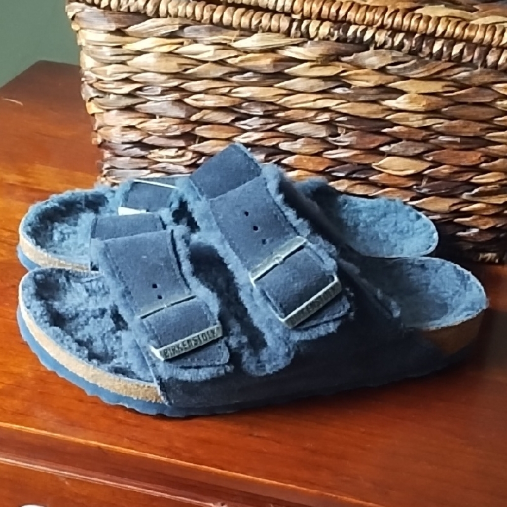 Birkenstock Arizona Shearling Suede Leather In Midnight Blue 38 Narrow